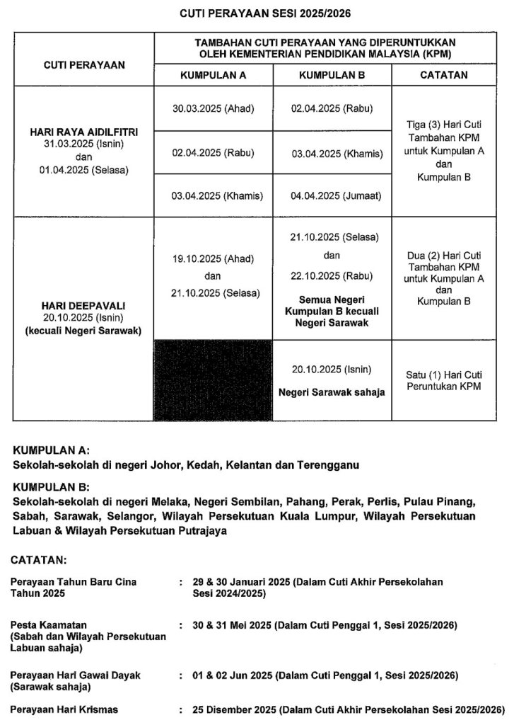 Academic Calendar for Year 2025 and 2026 Sessions of SRSP SEKOLAH RENDAH SERI PRESBYTERIAN Batu Pahat Primary School School Days 峇株吧辖小学 博恩私立小学 A02
